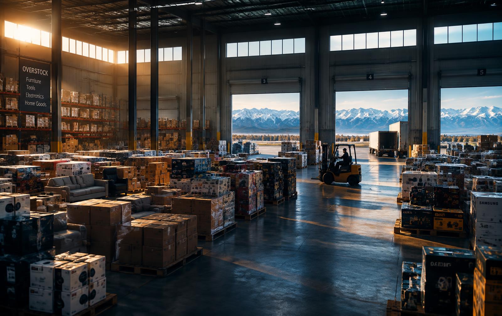 Warehouse with liquidation inventory and Utah mountains